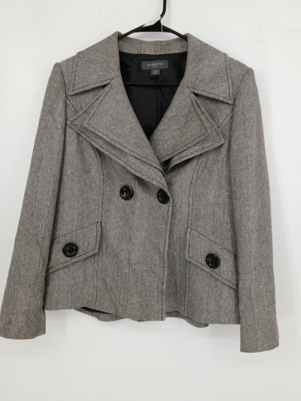 Liz Claiborne Black & White Herringbone Double Breast Peacoat Blazer Medium Y2k
